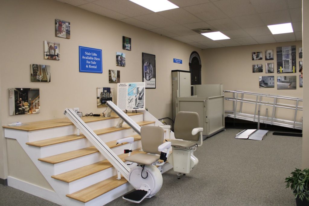 Stairlift models on display at Bullock Access showroom in East Hartford CT